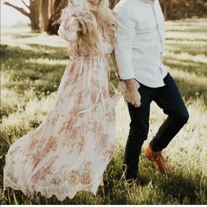 Free People Party Eliza Midi Dress In Neutral Combo Boho Floral Print Cream NEW